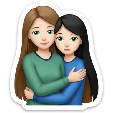 una ragazza dall‘ età di 19 anni con capelli castani chiaro lunghi e lisci ,  occhi celesti,  e una ragazza di 17 anni capelli neri occhi verdi che si abbracciano   sticker