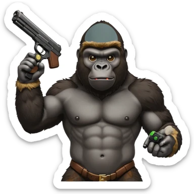 A gorilla holding a gun in the air with a Xbox controller  sticker
