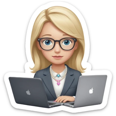 Please take the girl with laptop emoji and make her glassess light brown, her eyes ocean blue and her nose a bit smaller and pointier and she has blonde very long hair and a dark grey suit and pearls necklace, and has a laptop in fron of her and a tiny pink bow on the left side of her head sticker