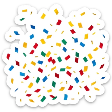 Colorful confetti pieces floating in the air, scattered randomly with a sense of motion. The confetti includes small paper strips and round shapes in vibrant colors like red, blue, yellow, and green. Soft shadows and subtle transparency give a light and festive feel. Flat, modern illustration, clean and minimal, white background. sticker