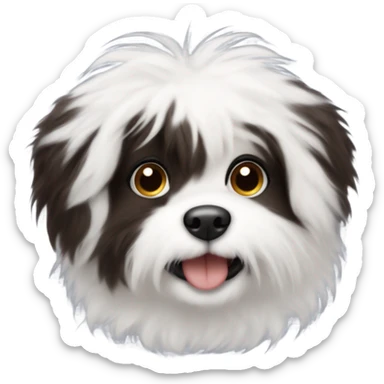 A fluffy small dog with black fur and white fur on his chest in a heart and on his chin like a beard. Long floppy ears and dark brown eyes sticker