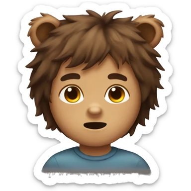 bear boy with messy brown hair, animal ears and nose sticker