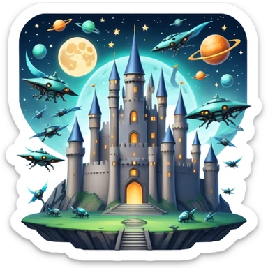 Icon for Fantasy and Sci-Fi Movies: A magical collage with flying dragons. futuristic spaceships and UFOs. Stars and planets shimmer in the background with a mystical castle Hogvards an ancient wizard and robots. The atmosphere is epic, otherworldly and adventurous. Transparent background. sticker