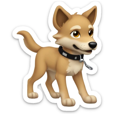 4 short legs a light brown puppy-like wolf with black  ears with black leash  is walking sticker