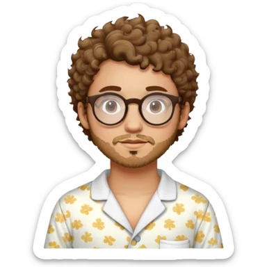 Young man with short curly brown hair, round glasses, light beard in a pyjama sticker
