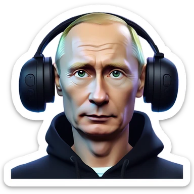 Vladimir Putin wearing a black hoodie with "OMG" letters on it and VR headset oculus quest 2 in a cyberpunk VR environment with violet neon lighting. sticker