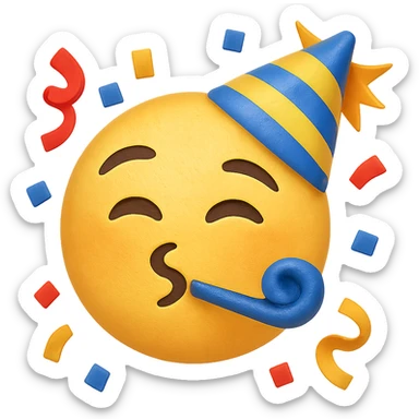 face with party hat and confetti emoji, digital illustration, no background sticker