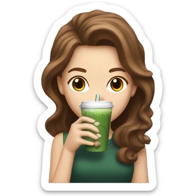 White girl with brown wavy hair drinking iced matcha latte sticker