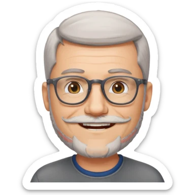 54 year old man, short shaved grey hair, beard, glasses sticker