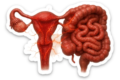 utero umano anatomico iperrealistico e intestino umano anatomico iperrealistico hanno in comune il dolore e l'infiammazione, rendi bene il collegamento tra i due organi doloranti, falla iperrealistica, non disegnata sticker