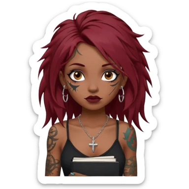 generate an ios genmoji of a dusky girl with long dark red messy hair with eyeliner on her eyes. septum piercing, wearing a cami black top, has tattoos, on shoulders. ear piercings. wearing a cross silver necklace. carrying a lot of sketchbooks


no tattoos on face sticker