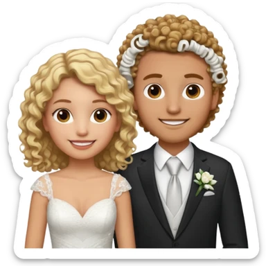 Blonde girl with light brown skin in wedding dress curly hair with white men next too her with a suit on and straight brown  hair smiling  sticker