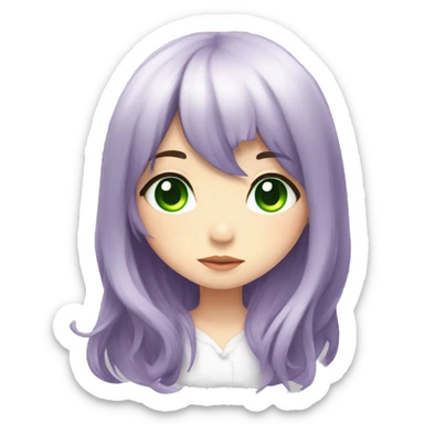Purple long Haired women,the bangs goes up, white blouse,  green eyes, anime, chibi sticker