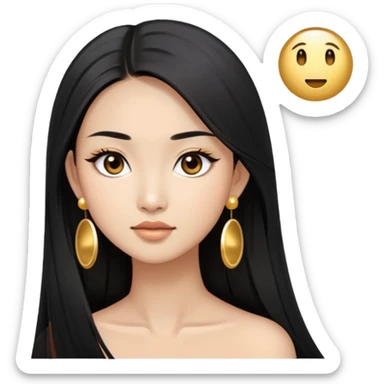 asian women with black straight long hair with light tan skin and with big round dark brown eyes with full long lashes  wears a gold earrings sticker