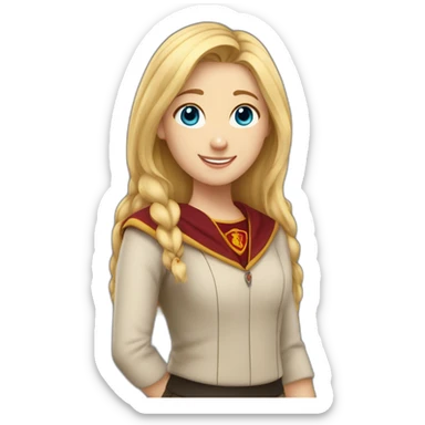 Emoji of a blonde girl with blue eyes, who is studying at Gryffindor House, expressing happy sticker