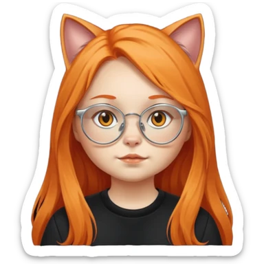 girl with chubby cheeks, very long orange hair, and silver cat-eyed glasses. B lack clothes.  sticker