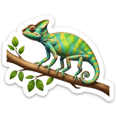 Giant chameleon on a branch, blending with vibrant greenery. Detailed scales in shifting colors, showing the chameleon’s ability to camouflage. Soft natural light highlights its texture. Nature background with leafs aтв адщцукы. Lush jungle background with vivid foliage, transparent background. sticker
