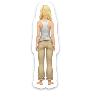 Barefoot blonde long haired girl in rolled up pants tank top right hand in back pocket from the back sticker