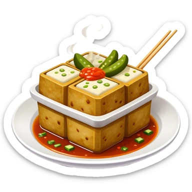 Stinky Tofu with sauce and pickles, simplified emoji style with bold outlines and bright colors, cartoon style dark fermented Chinese street food with steam sticker