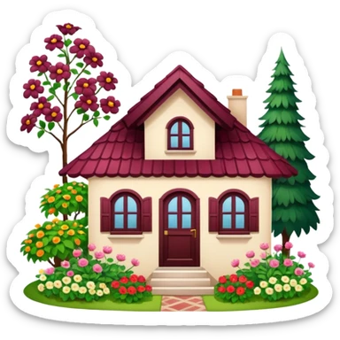 A dacha with a burgundy tiled roof and a garden sticker