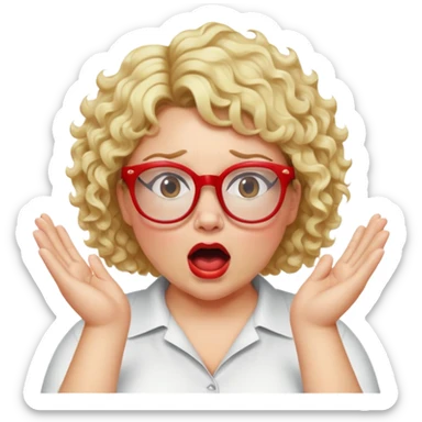 Blonde woman with short curly hair, slightly overweight, wearing glasses with red frames, shouting with hands on each side of her mouth sticker