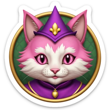 court jester cat medieval, single poker card joker clearly visible, pink, face only sticker