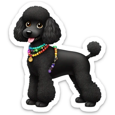 3 legs One Small furry Black Poodle with one  colorful bead necklaces with brown harness sticker