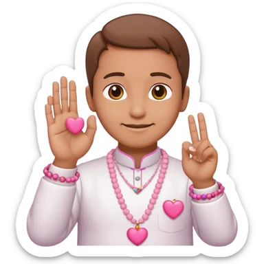 cheerful uncle wearing white takke, pink skirt, holding prayer beads, making heart sign with fingers, saying 'uwu', emoji style sticker