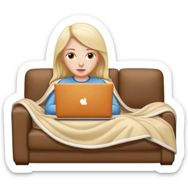 A white girl lies on a sofa under a blanket with a laptop sticker