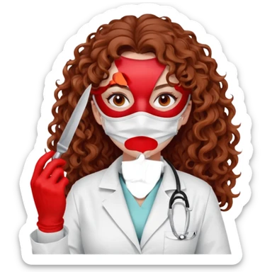 Scary woman scalpel in hand, evil surgeon sexy surgeon clothes.  She has red eyes. Her  brown long curly hair. Wears sexy doctor outfit with red gloves. make her hair free and brown but have mouthy  wear  mask  to hide. Wears white surgeon jacket and sticker