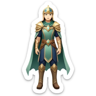 An icon featuring a hero with a closed visor, standing in a majestic, mystical landscape, inspired by RPGs like Elden Ring. The design includes a stunning, ethereal background with towering castles and distant mountains, symbolizing the adventure and mystery. Transparent background sticker