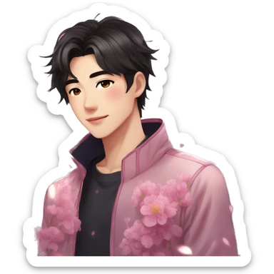 Gorgeous bright sparkly romantic Asian anime style guy with blushing face and flowers aesthetic trending style outside sticker