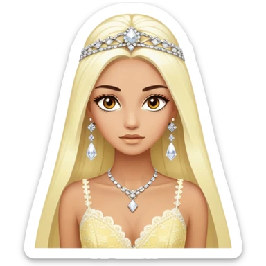 enchantress goddess with brown eyes and tanned skin and super long straight platinum blonde hair wearing a embellished light yellow and white lace gown and diamond chanel earrings sticker