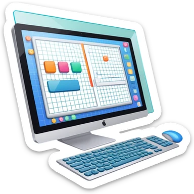 Create an emoji for UX/UI design. Show a computer screen displaying a user interface with buttons, sliders, and a design grid. Include elements like a cursor or design tool to symbolize the design process. Use modern, professional colors. Make the background transparent. sticker