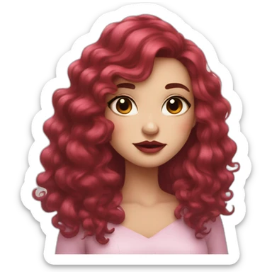 A woman with long curly dark red hair and long eyelashes, black eyes, pink cheeks, red lips, holds a short hair and black & white border collir sticker