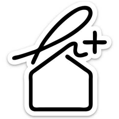 house outline where the roof is drawn as a flowing signature, with a plus sign integrated, modern and clean sticker