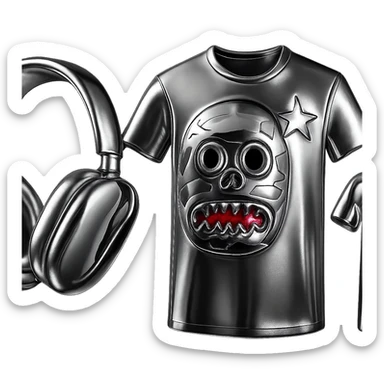 Transform the camo face t-shirt into a 3D chrome metallic style, keeping all preset colors and details, highly reflective and shiny, no background. sticker