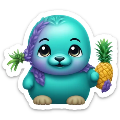 teal-colored seal holding a purple-colored pineapple sticker