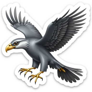Emoji-style icon of a large metallic predatory bird flying, sharp wings, steel texture, dramatic pose, no gold sticker