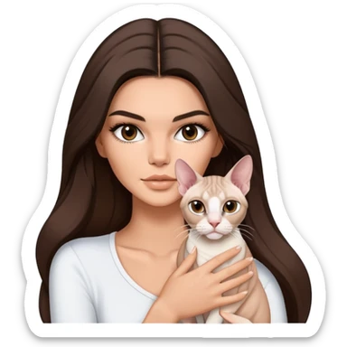 brunette Kendall Jenner with long hair holding on the hands a white Sphynx cat sticker