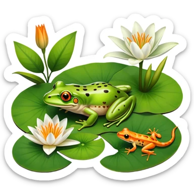 Icon for Amphibians: A colorful collage featuring a frog sitting on a lily pad, a salamander crawling on the ground and a newt swimming in water. The background features lily flowers and a calm pond setting. Transparent background. sticker