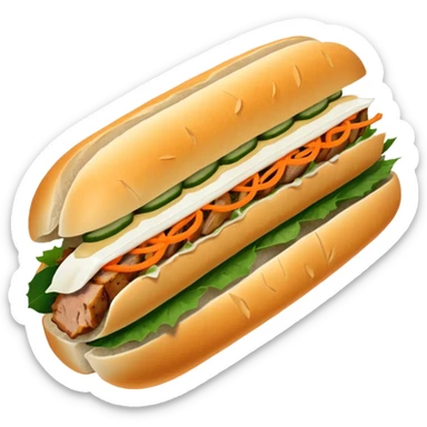 traditional banh mi with char grilled pork


    Very crusty baguette

    Mayo 

    Pickled carrot 

    Cucumber, coriander/cilantro, green onion, chilli 
 sticker