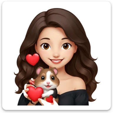 modern clean emoji of a young woman with medium skin, long wavy dark brown hair, black off-shoulder top, soft friendly smile, expressive warm eyes, playful hamster on her shoulder winking and holding a tiny red heart, cheerful charming confident style, subtle gradient background sticker