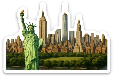 cinematic realistic emoji of New York City wide city view with iconic landmarks Statue of Liberty Empire State Building One World Trade Center Chrysler Building Central Park lifelike detail accurate colors bright daytime lighting no sky no clouds no city name label sticker