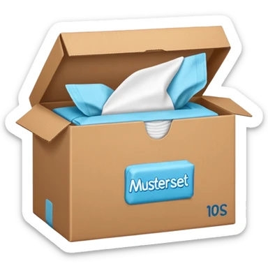 ein brauner karton aus dem frauenbinden rausschauen mit der beschriftung "musterset" sticker