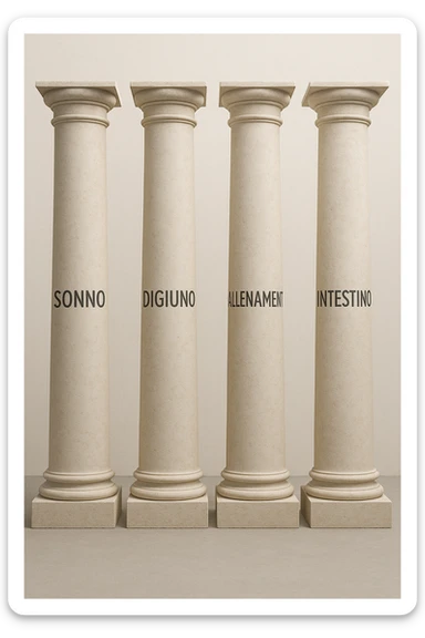 5 pilastri con le scritte "SONNO", "DIGIUNO", "ALLENAMENTO", "INTESTINO", IMMAGINE IPERREALISTICA SFONDO CHIARO IN ITALIANO sticker