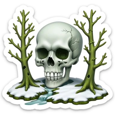 A surreal Alaskan snow covered landscape with mossy trees, in the style of your bleeding skull art. sticker