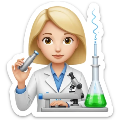 a woman scientist in a lab coat, presenting laboratory equipment, modern technology vibe sticker