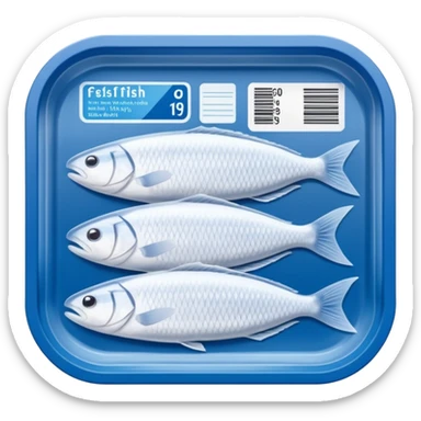 A clear vacuum-sealed plastic tray containing neatly arranged white fish fillets, covered with a thin layer of frost. The package has a blue and white label with product details and barcode. Set in a supermarket freezer shelf among other seafood packs, realistic lighting and texture. sticker