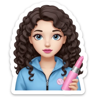 A girl with long dark brown hair styled in loose 36mm curls, round-almond Douyin-style eyes with long curled lashes, cool-tone neutral makeup. She’s wearing a light-blue athletic outfit and holding a normal-size pink lipstick (not oversized) in one hand. sticker